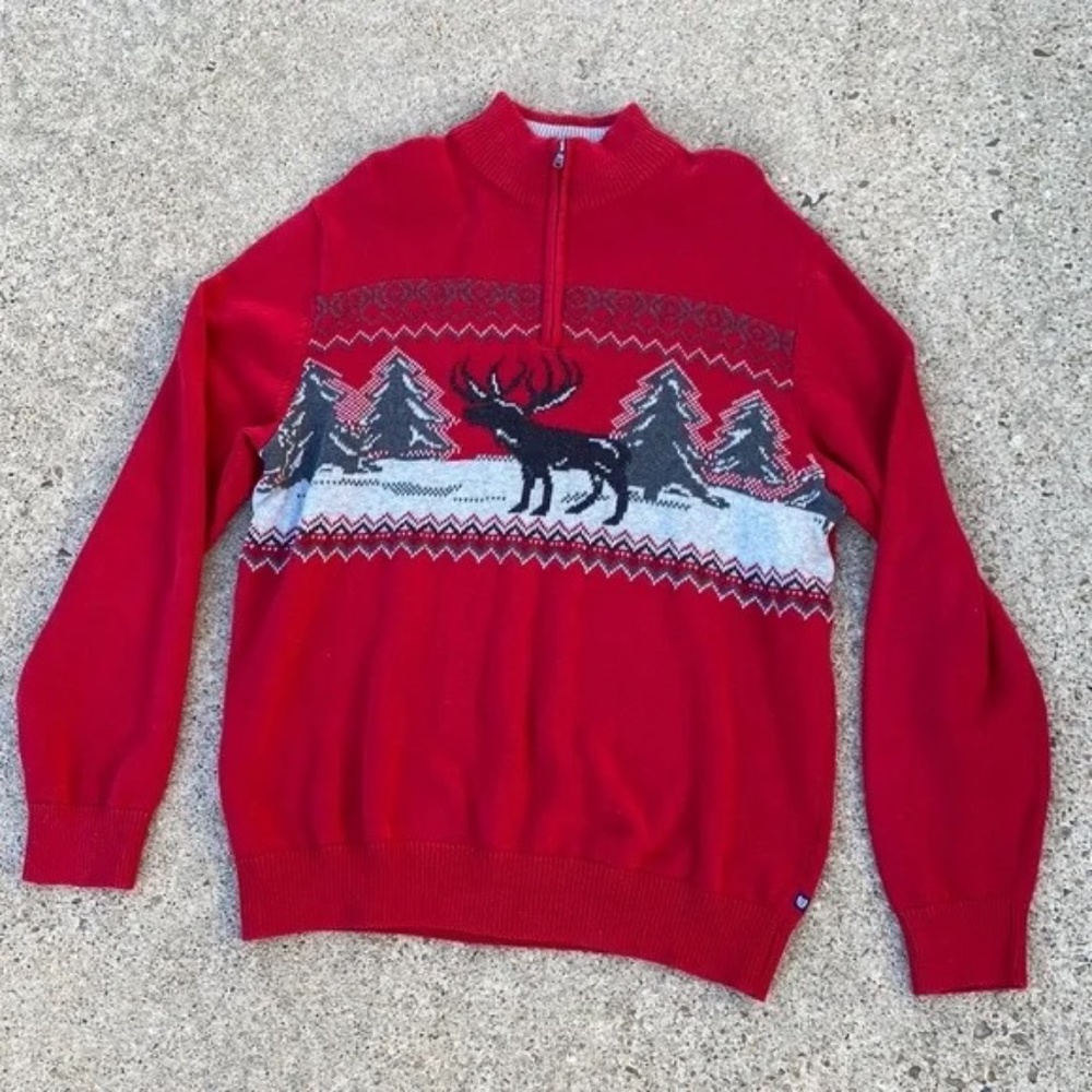 Chaps Men's Christmas Reindeer Half-Zip Pullover Sweater- Large